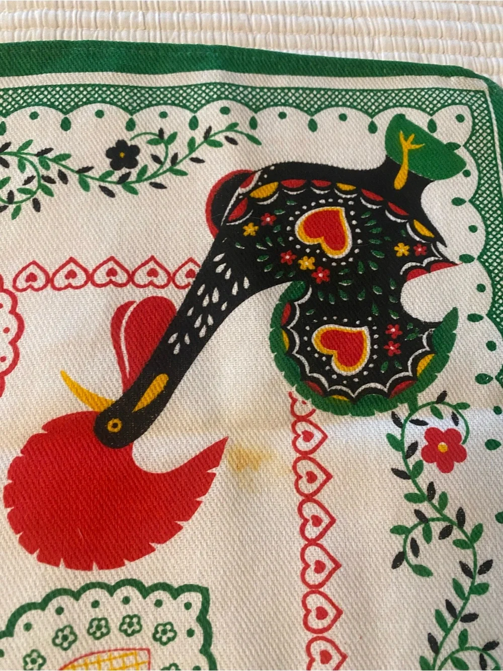 Vintage Cotton Tea Towel Folk Art Colorful Roosters Hearts Made In Portugal
